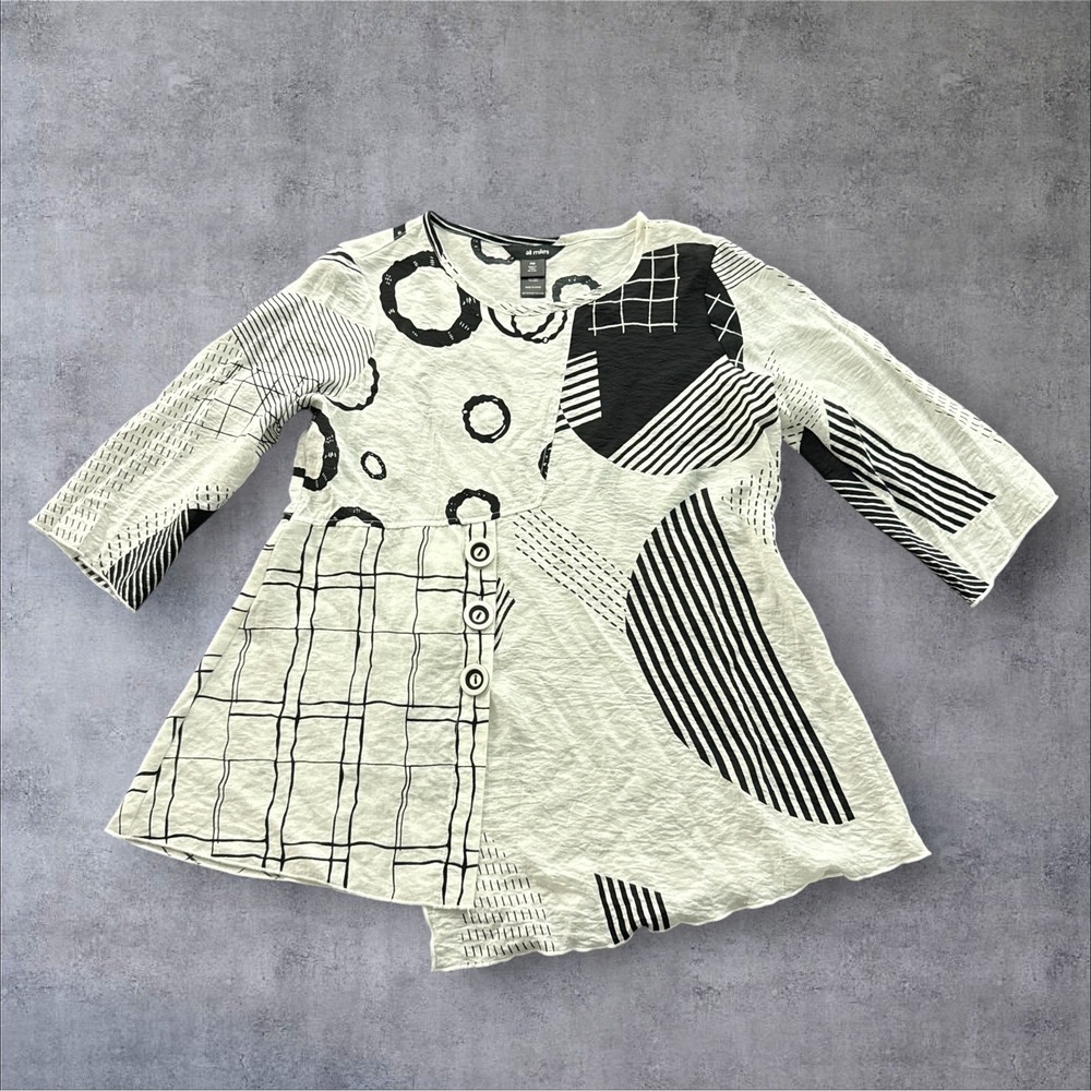 Ali Miles Tunic Top Womens PM White Black Abstract Geometric Crinkle 3/4 Sleeve